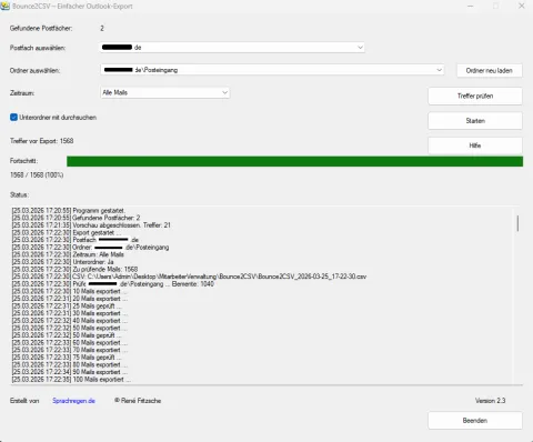 Bounce2CSV – Bounce-Mails oder Postfachinhalte aus Outlook nach CSV exportieren – Vorschau